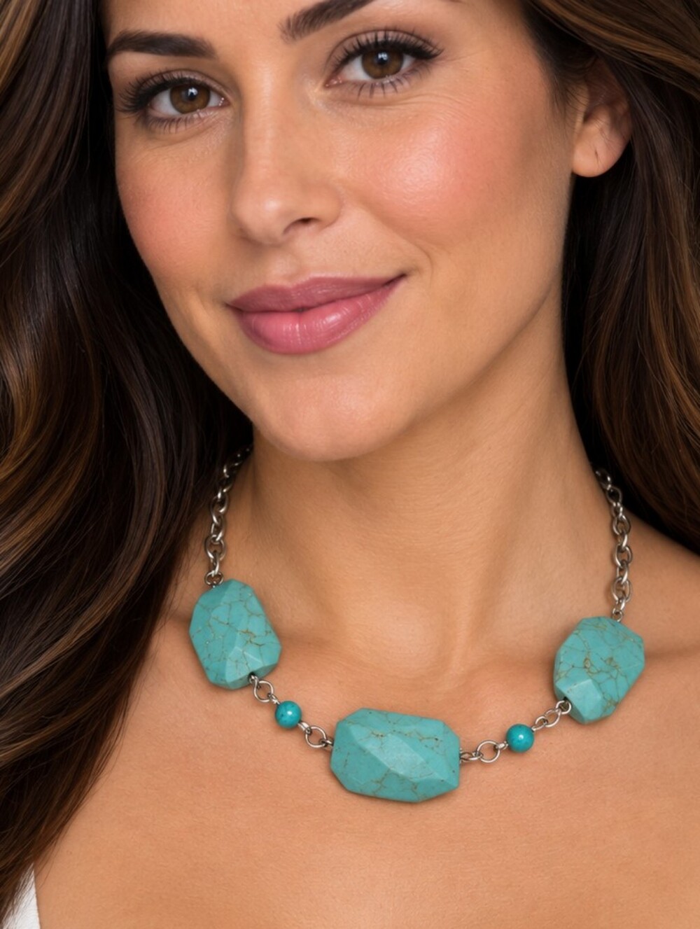 Vintage Chunky Faux Turquoise Stone Statement Chain Necklace